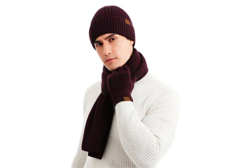 Refttenw Mütze & Schal 3 in 1 Mütze Schal Handschuh Set Für Herren Damen Weiche Warme Gestrickt Winter Strickmütze, Schal & Handschuh-Sets von Refttenw