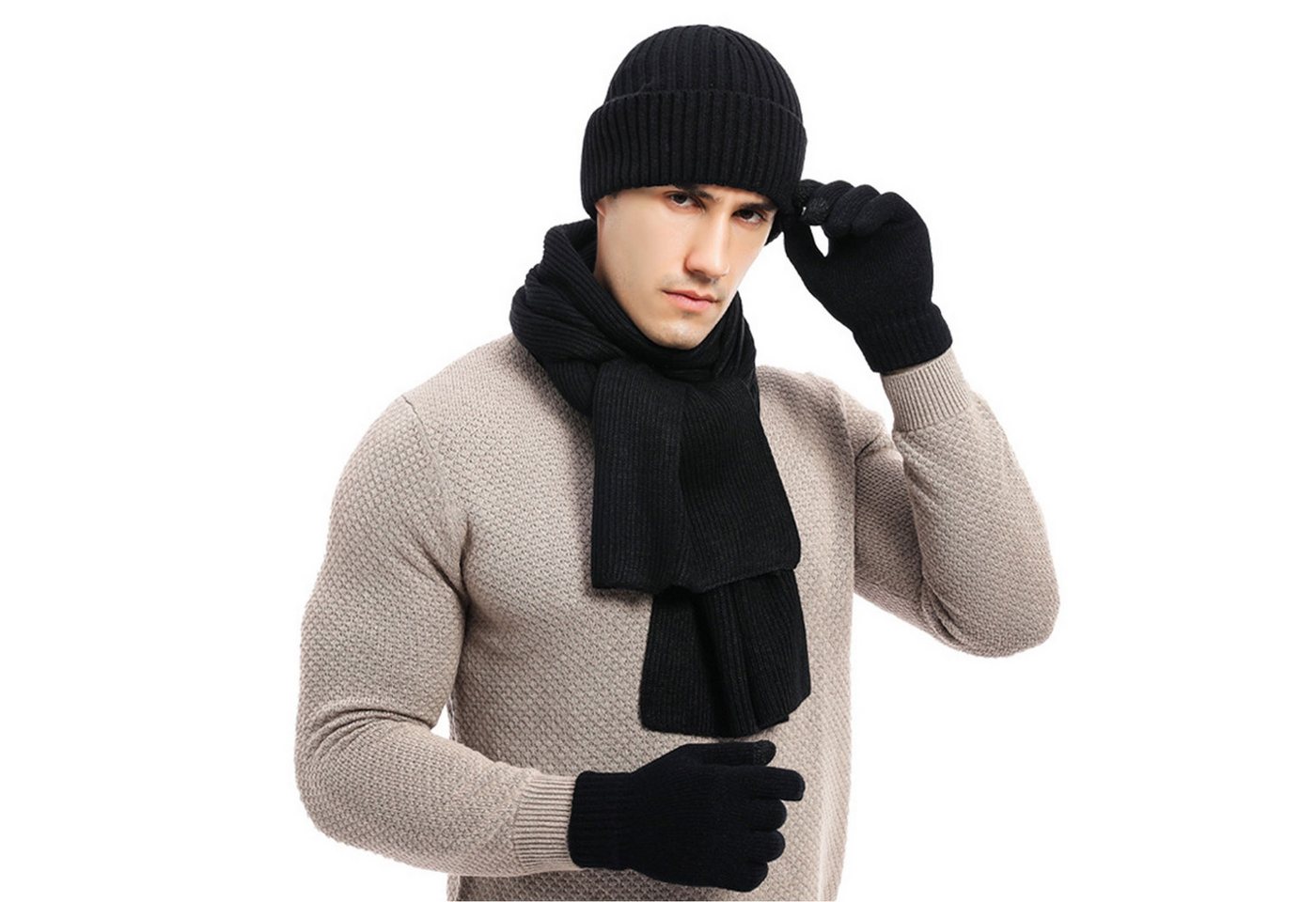 Refttenw Mütze & Schal 3 in 1 Mütze Schal Handschuh Set Für Herren Damen Weiche Warme Gestrickt Winter Strickmütze, Schal & Handschuh-Sets von Refttenw