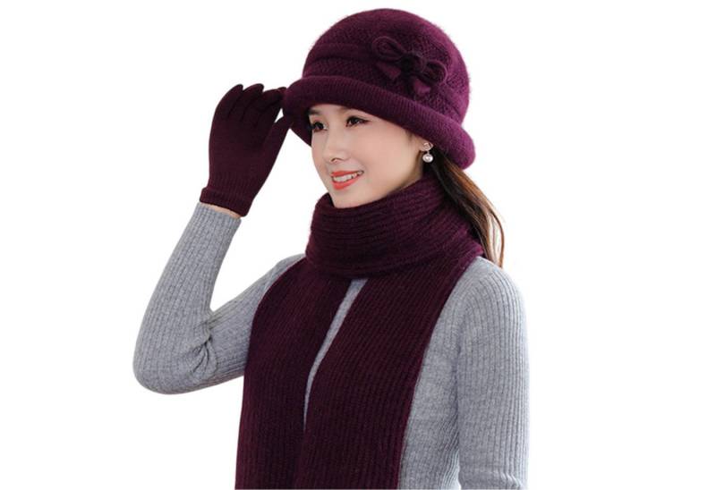 Refttenw Mütze & Schal Handschuh Winter Dickes Strickset 3-tlg Fliege-tiefes Lila von Refttenw