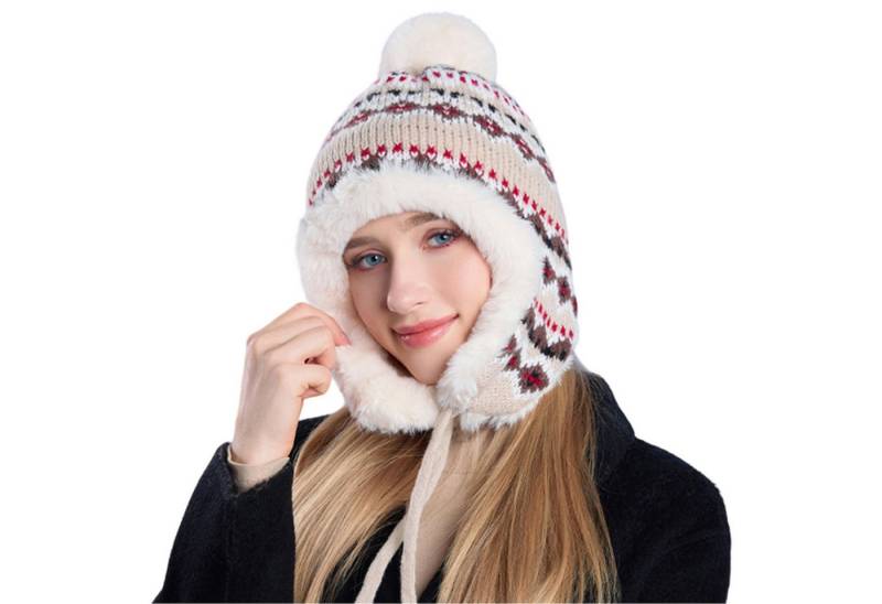 Refttenw Ohrenmütze Plüsch gestrickte Pullover Beanie,Ohrenschützer,Schnürdesign,winddicht von Refttenw