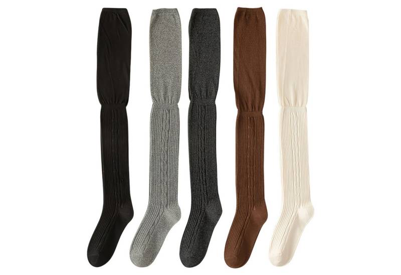 Refttenw Overknees 5 Paar Overknee Strümpfe Damen Kniestrümpfe, Weiche Schiebesocken (5-Paar) Hellgrau, Dunkelgrau, Braun, Beige, Schwarz von Refttenw