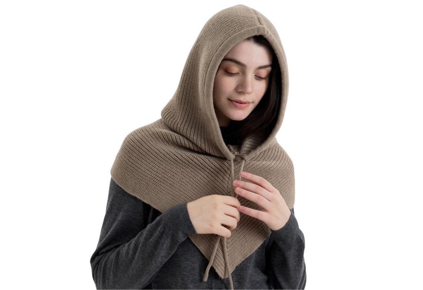 Refttenw Strickmütze Weiche Thermo-Mütze Damen Kapuzenschal Winddichte Wintermütze mit verstellbarer Kordel von Refttenw