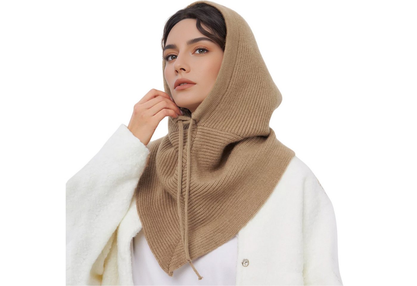 Refttenw Strickmütze Weiche Thermo-Mütze Damen Kapuzenschal Winddichte Wintermütze mit verstellbarer Kordel von Refttenw