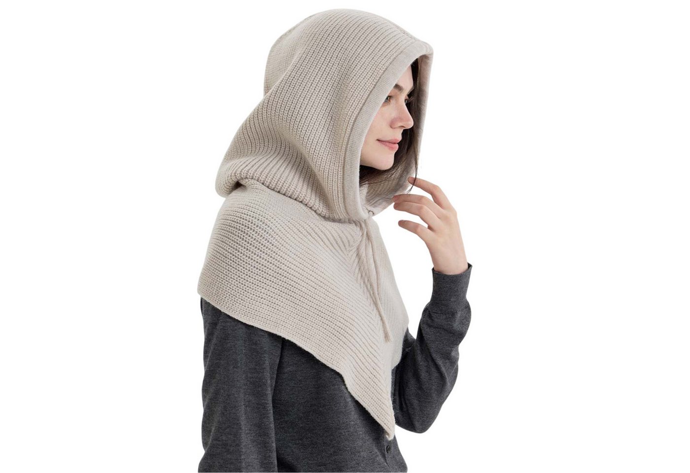 Refttenw Strickmütze Weiche Thermo-Mütze Damen Kapuzenschal Winddichte Wintermütze mit verstellbarer Kordel von Refttenw