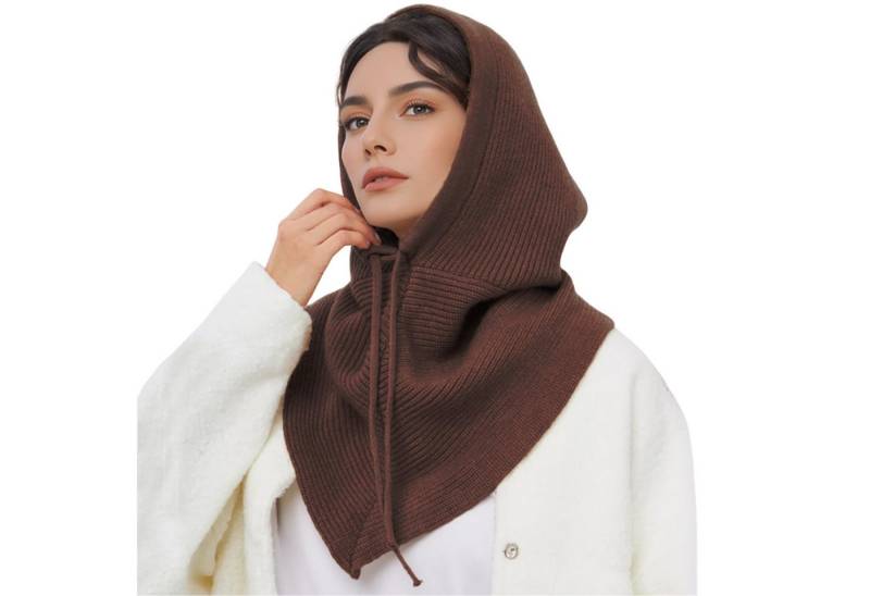 Refttenw Strickmütze Weiche Thermo-Mütze Damen Kapuzenschal Winddichte Wintermütze mit verstellbarer Kordel von Refttenw