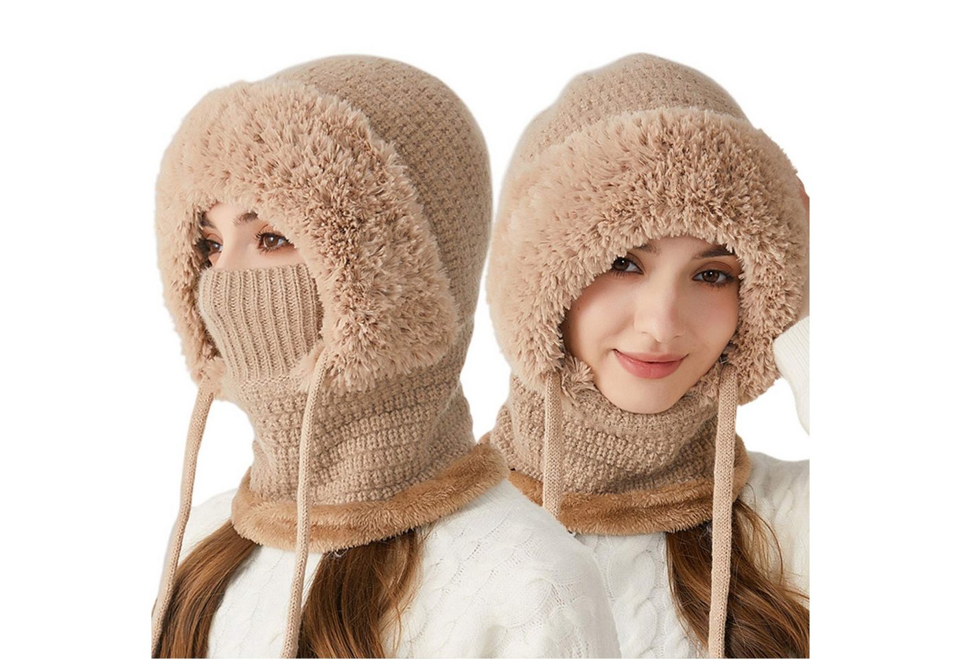 Refttenw Sturmhaube Fahrrad Wintermütze Damen Strickmütze mit Schal & Windmaske (1-St) warmes Fellfutter & verstellbarer Tunnelzug von Refttenw