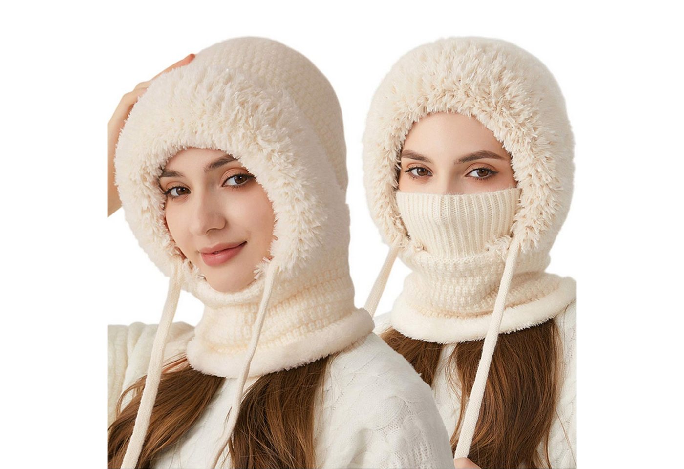 Refttenw Sturmhaube Fahrrad Wintermütze Damen Strickmütze mit Schal & Windmaske (1-St) warmes Fellfutter & verstellbarer Tunnelzug von Refttenw