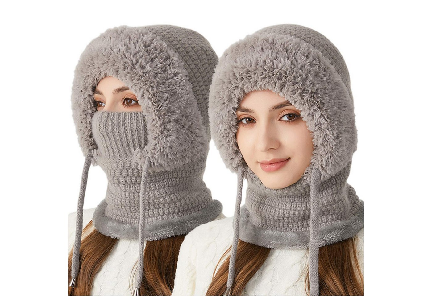 Refttenw Sturmhaube Fahrrad Wintermütze Damen Strickmütze mit Schal & Windmaske (1-St) warmes Fellfutter & verstellbarer Tunnelzug von Refttenw
