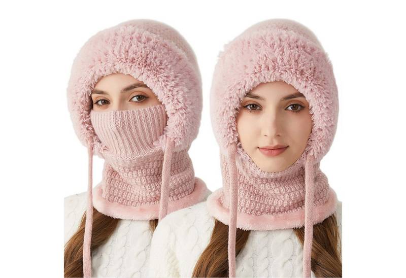 Refttenw Sturmhaube Fahrrad Wintermütze Damen Strickmütze mit Schal & Windmaske (1-St) warmes Fellfutter & verstellbarer Tunnelzug von Refttenw