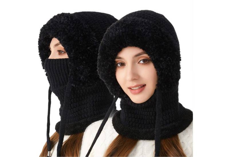 Refttenw Sturmhaube Fahrrad Wintermütze Damen Strickmütze mit Schal & Windmaske (1-St) warmes Fellfutter & verstellbarer Tunnelzug von Refttenw