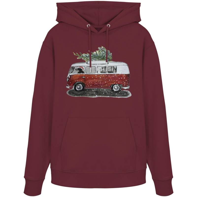 Lustiger Weihnachtspulli, Van Life Weihnachtsmotiv - Organic Hoodie, Hund Mit Weihnachtsmütze Und Tannenbaum, Weihnachtsgeschenk Vw Bus Fans von RefugeStrengthArt