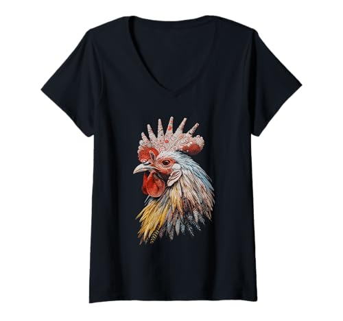 Damen Majestic Rooster Tribal Feathers Hühnerzucht T-Shirt mit V-Ausschnitt Damen Majestic Rooster Tribal Feathers Hühnerzucht T-Shirt mit V-Ausschnitt von Regal Fowl Headpiece Bird Hen Egg Chick