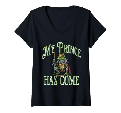 Damen My Prince Has Come Frosch Themed Fantasy Enthusiasten T-Shirt mit V-Ausschnitt Damen My Prince Has Come Frosch Themed Fantasy Enthusiasten T-Shirt mit V-Ausschnitt von Regal Frog Knight Fantasy Humor Fans