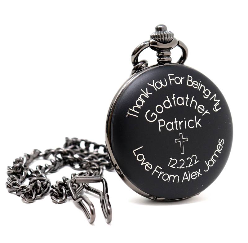 Laser Gravierte/Personalisierte Schwar Godfather Design Taschenuhr Zur Taufe Laser Gravierte/Personalisierte Schwar Godfather Design Taschenuhr Zur Taufe von RegaloUK