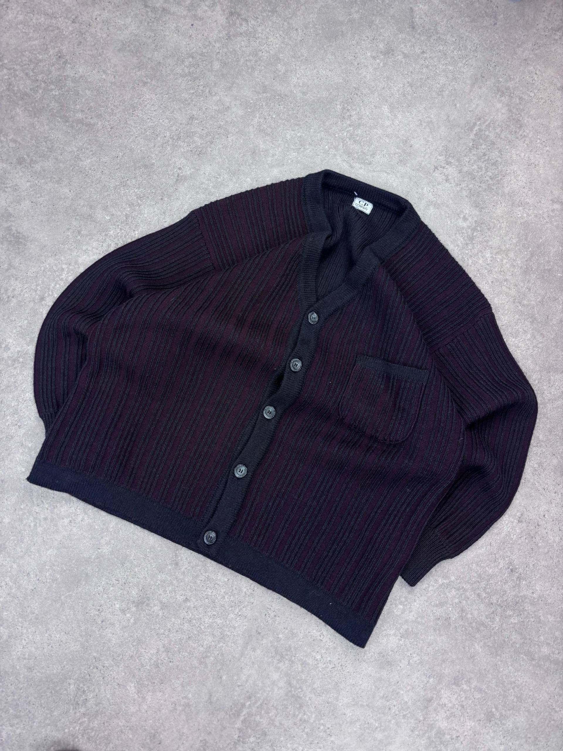 C.p. Company Wool Cardigan Made in Italy Size M - Vintage Designer Knit Sweater Dark Navy Burgundy Striped Button Up von RegardezVintage