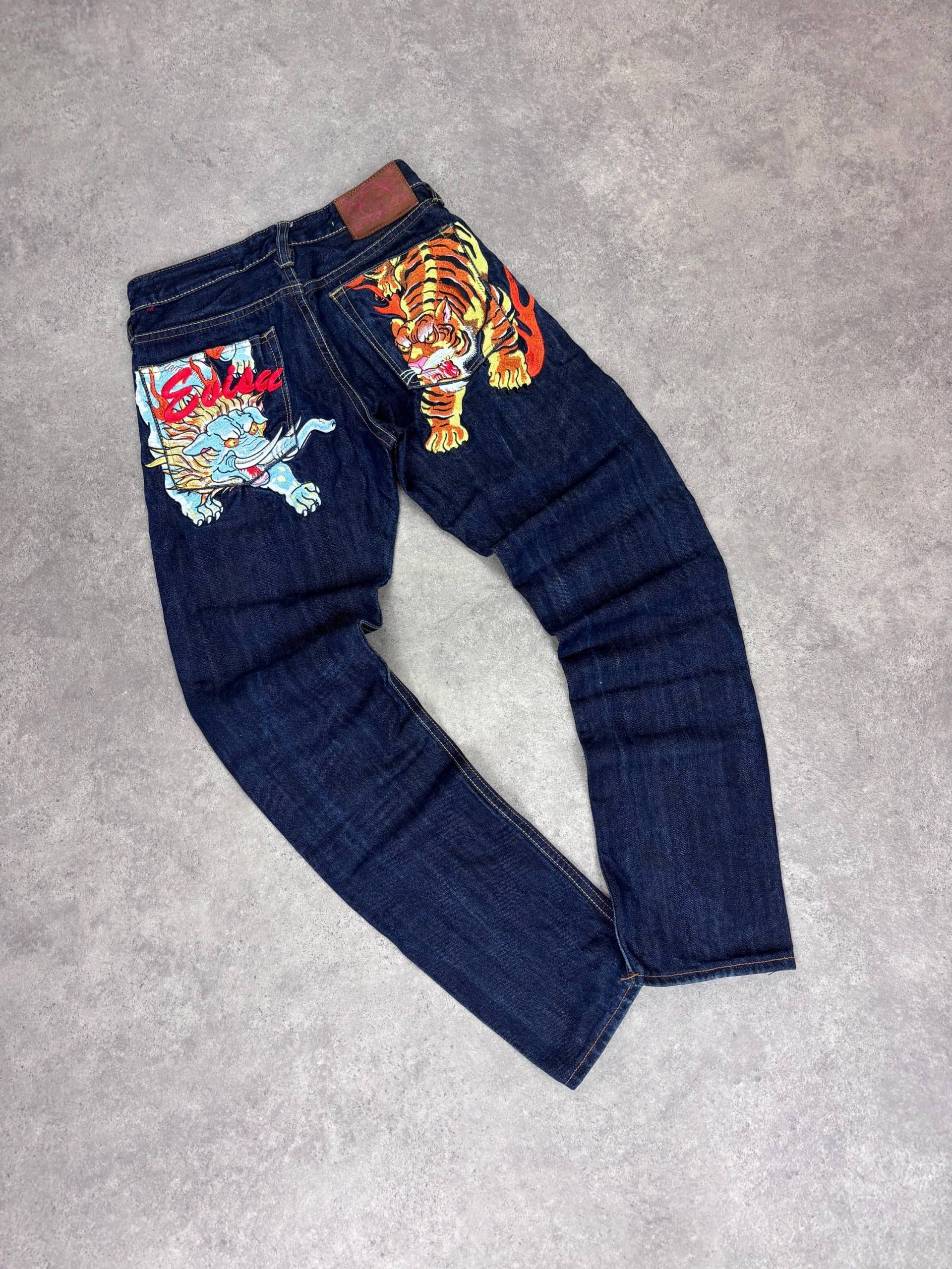 Evisu Selvedge Denim Jeans - Japanese Premium Raw Denim, Embroidered Tiger & Dragon, Rare Vintage Streetwear von RegardezVintage