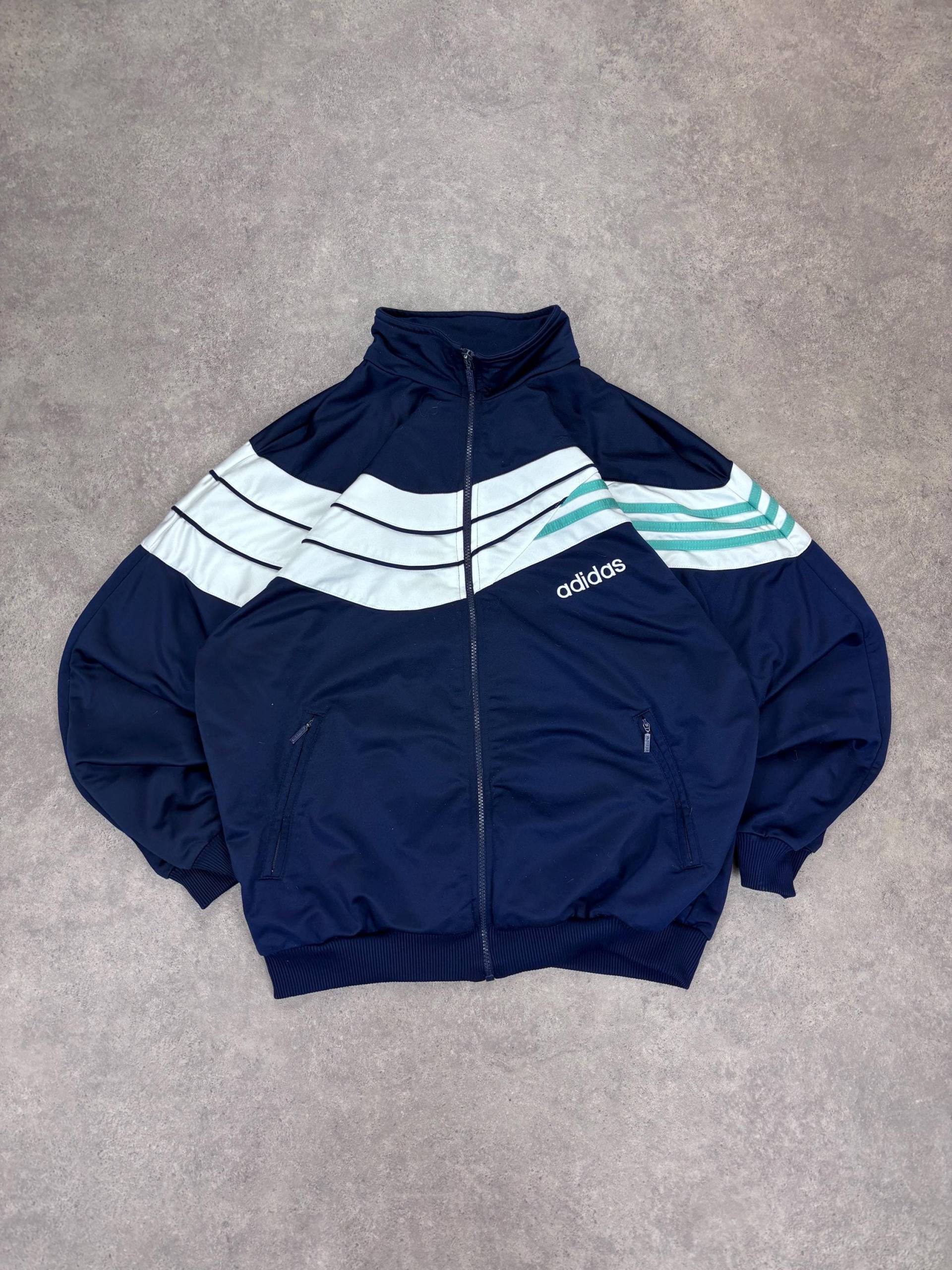 Vintage 80S Adidas Track Jacket Navy Blue White Striped - Retro Sportswear Zip Up Unisex Size L von RegardezVintage