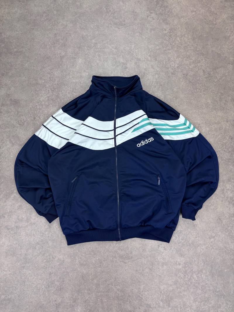 Vintage 80S Adidas Track Jacket Navy Blue White Striped - Retro Sportswear Zip Up Unisex Size L von RegardezVintage