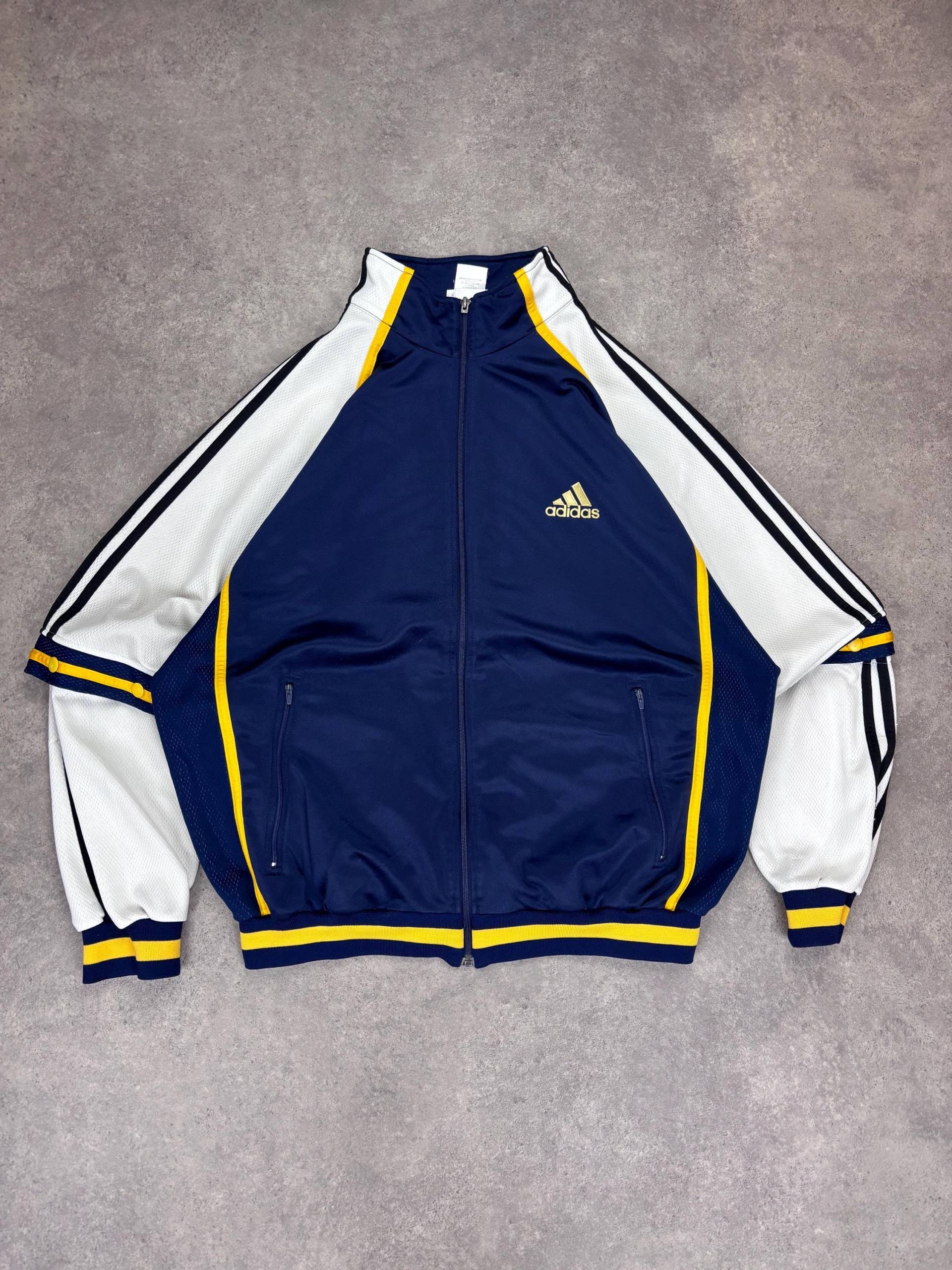 Vintage 90S Adidas Track Jacket Navy Blue White Yellow Striped Retro Sportswear Zip Up Large Size L Old School Hip Hop Streetwear von RegardezVintage