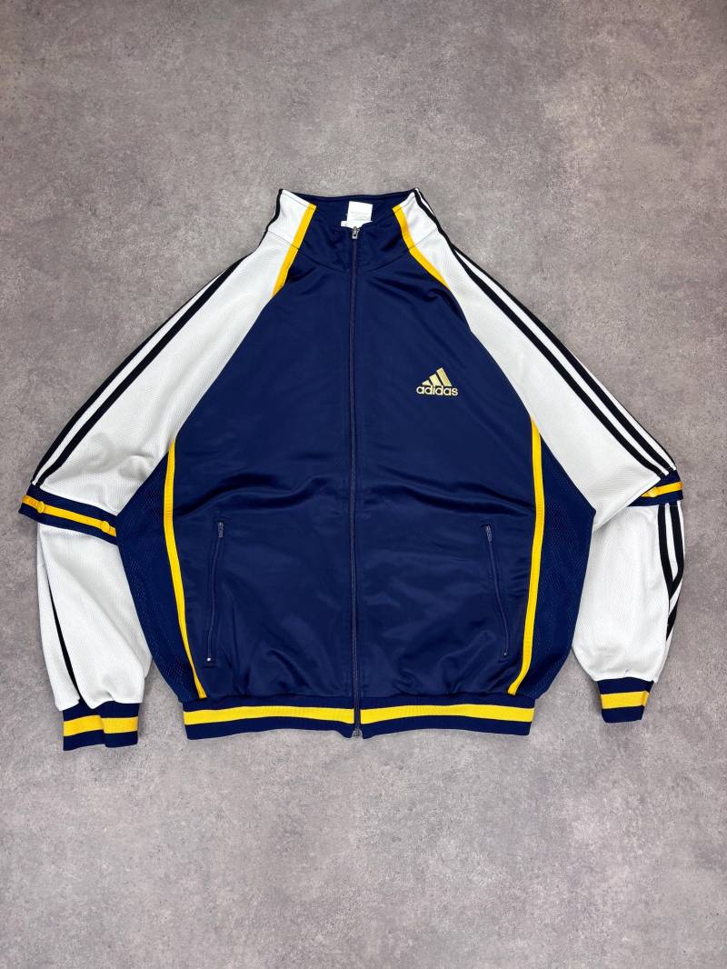 Vintage 90S Adidas Track Jacket Navy Blue White Yellow Striped Retro Sportswear Zip Up Large Size L Old School Hip Hop Streetwear von RegardezVintage