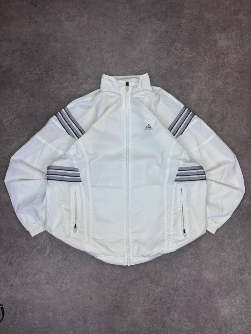 Vintage 90S Adidas Windbreaker Jacket in White & Grey | Retro Track Unisex Sportswear Y2K Streetwear Size M von RegardezVintage