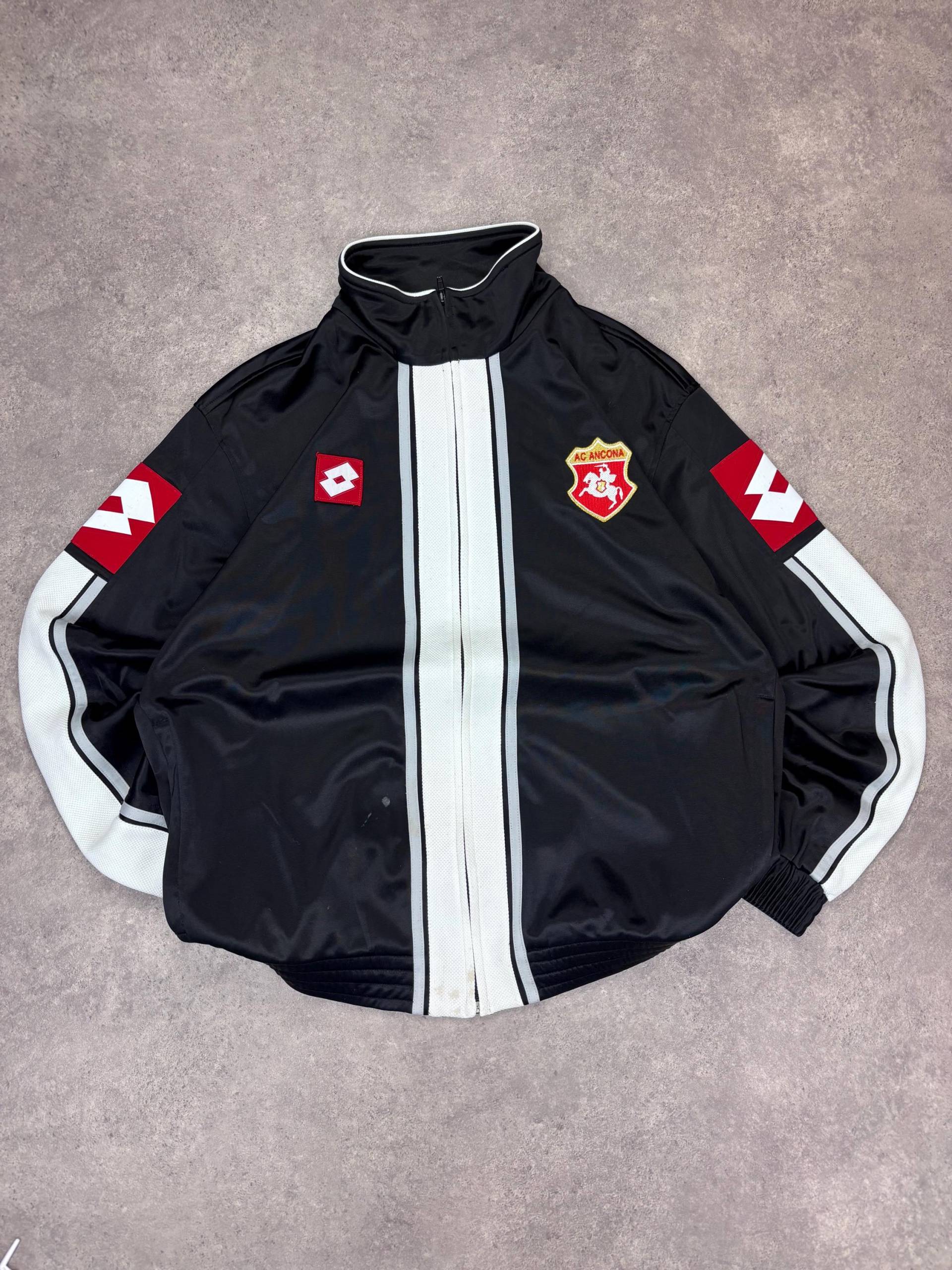 Vintage 90S Lotto Ac Ancona Track Jacket | Retro Italian Football Black White Zip Up Soccer Sportswear Unisex Streetwear von RegardezVintage