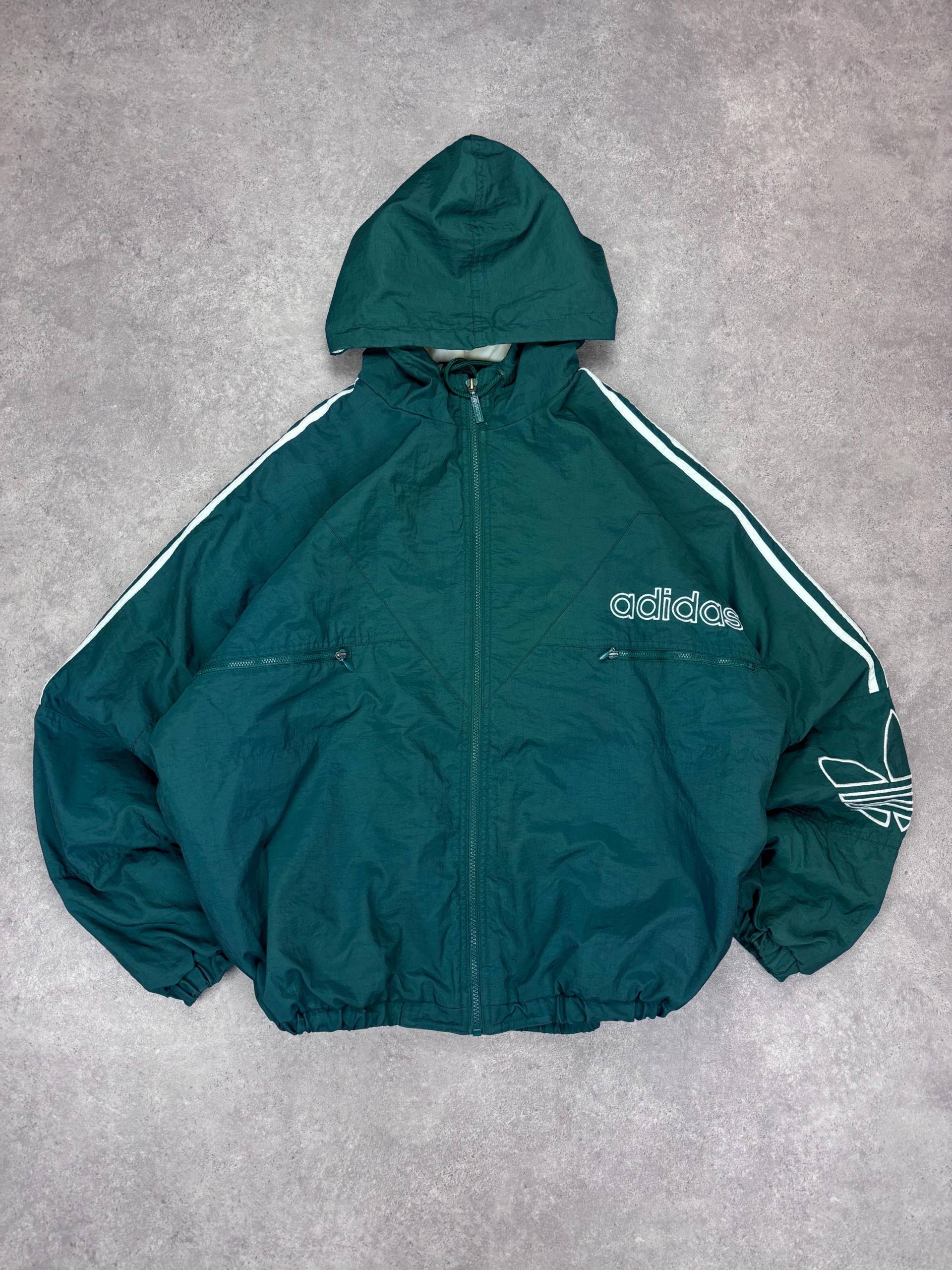 Vintage Adidas 90S Puffer Jacket M - Green Hooded Windbreaker Coat Retro Trefoil Logo Track Y2K Nylon Shell von RegardezVintage
