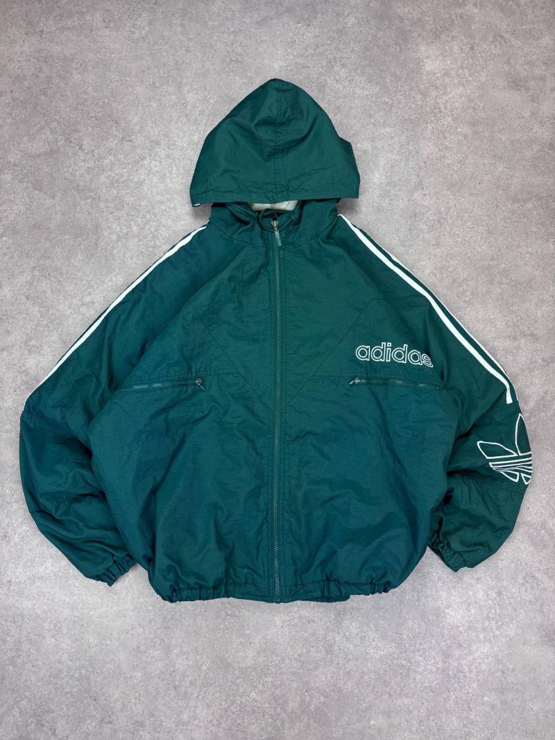 Vintage Adidas 90S Puffer Jacket M - Green Hooded Windbreaker Coat Retro Trefoil Logo Track Y2K Nylon Shell von RegardezVintage