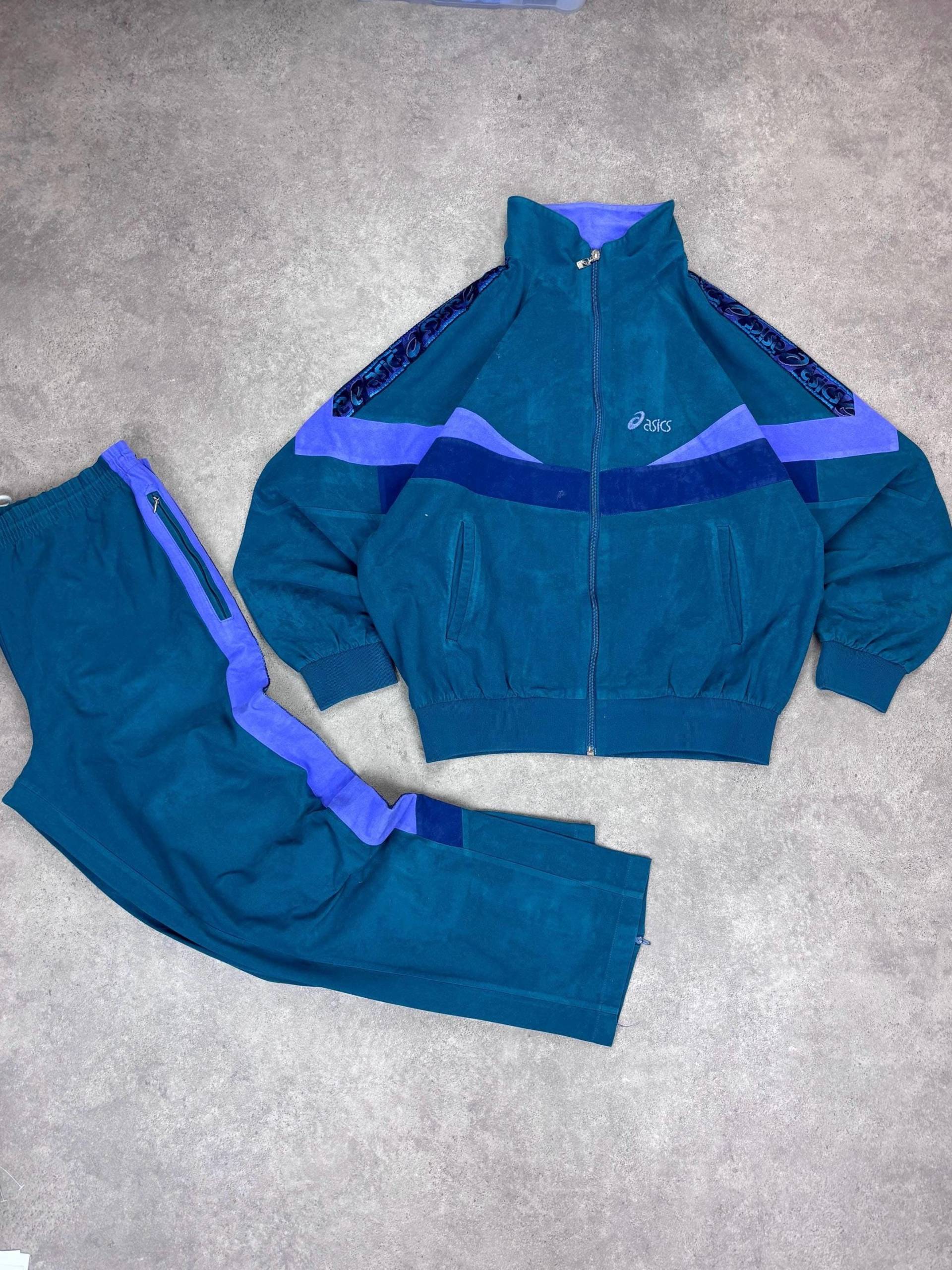Vintage Asics Fleece Track Suit Set 90S Teal Purple | Retro Zip Jacket & Pants Unisex Size M Y2K Sportswear Rare Two-Tone Warm-Up von RegardezVintage