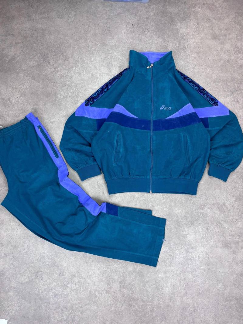 Vintage Asics Fleece Track Suit Set 90S Teal Purple | Retro Zip Jacket & Pants Unisex Size M Y2K Sportswear Rare Two-Tone Warm-Up von RegardezVintage
