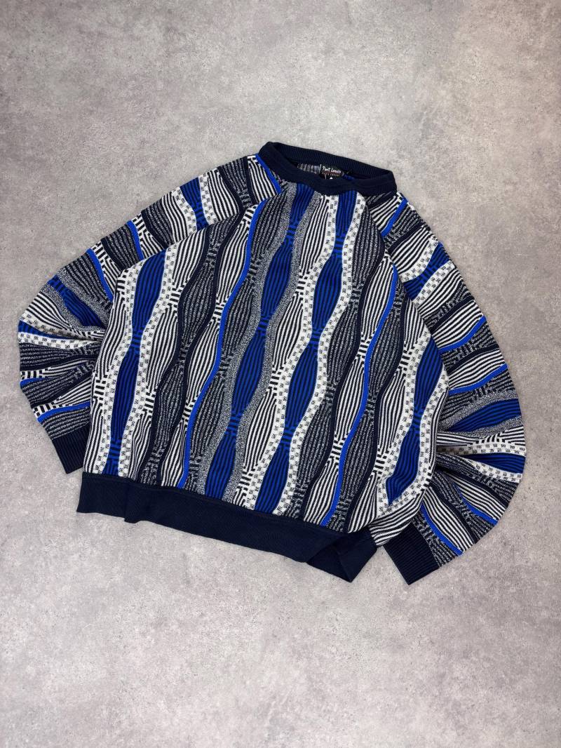 Vintage Coogi Style Sweater 90S | 3D Knit Jumper Abstract Geometric Pattern Blue Black White Retro Hip Hop Streetwear Pullover von RegardezVintage