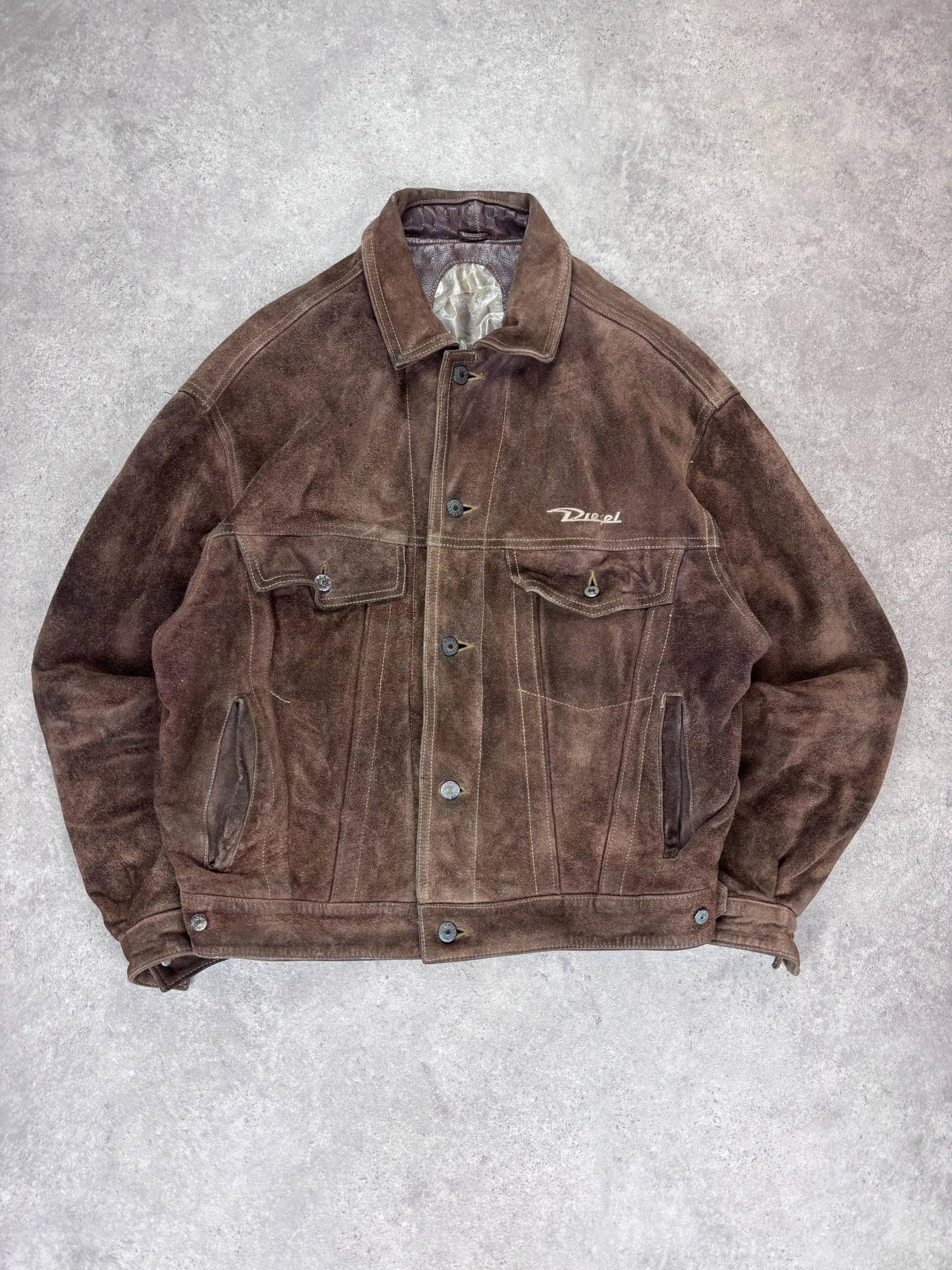 Vintage Diesel Suede Leather Jacket Brown 90S Y2K Oversized Bomber Trucker Style Men's Outerwear von RegardezVintage