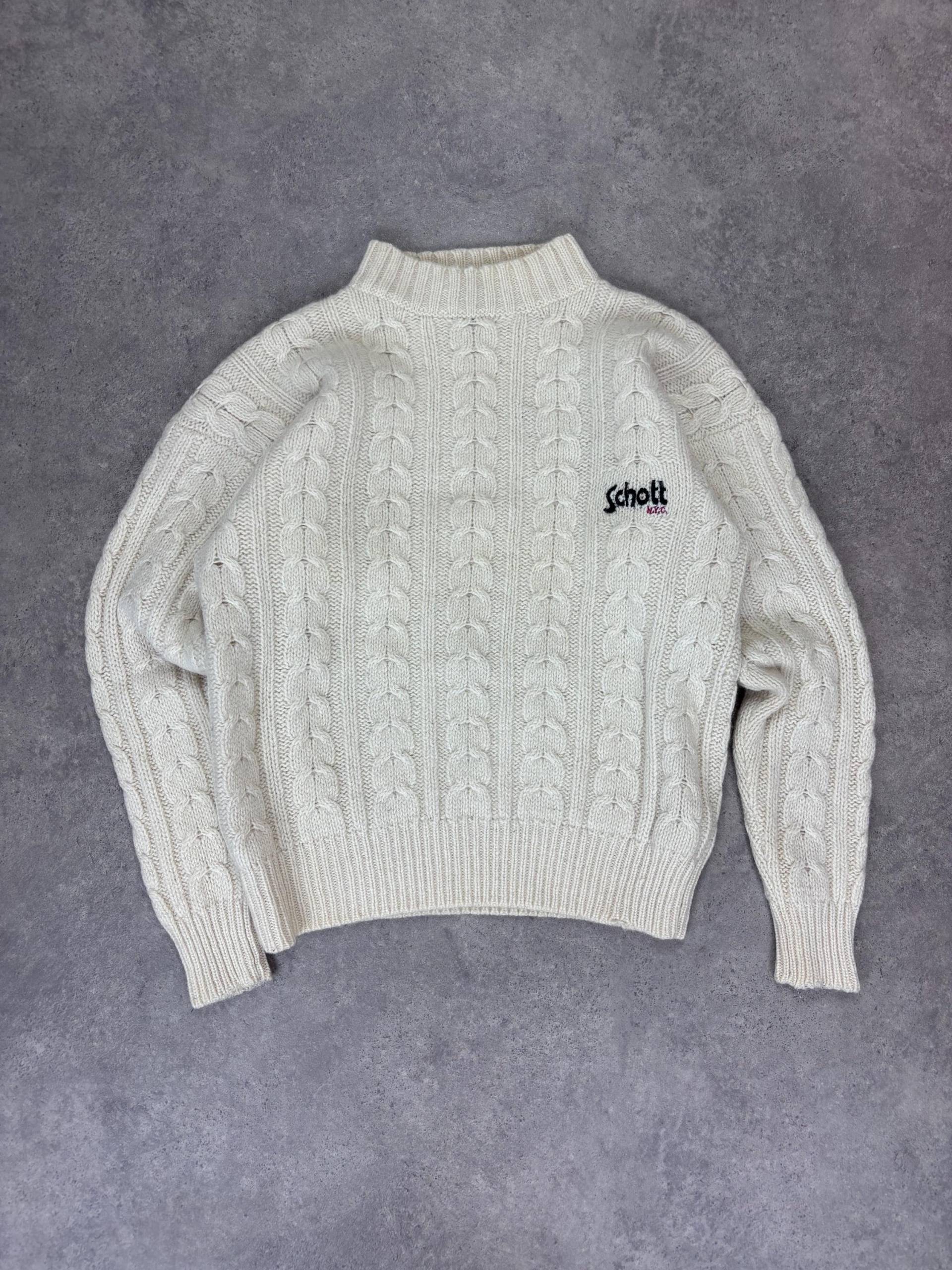 Vintage Schott Nyc Sportswear Pullover | Beiger Cable Knit Strickpullover Unisex Winter Sweater Größe M von RegardezVintage