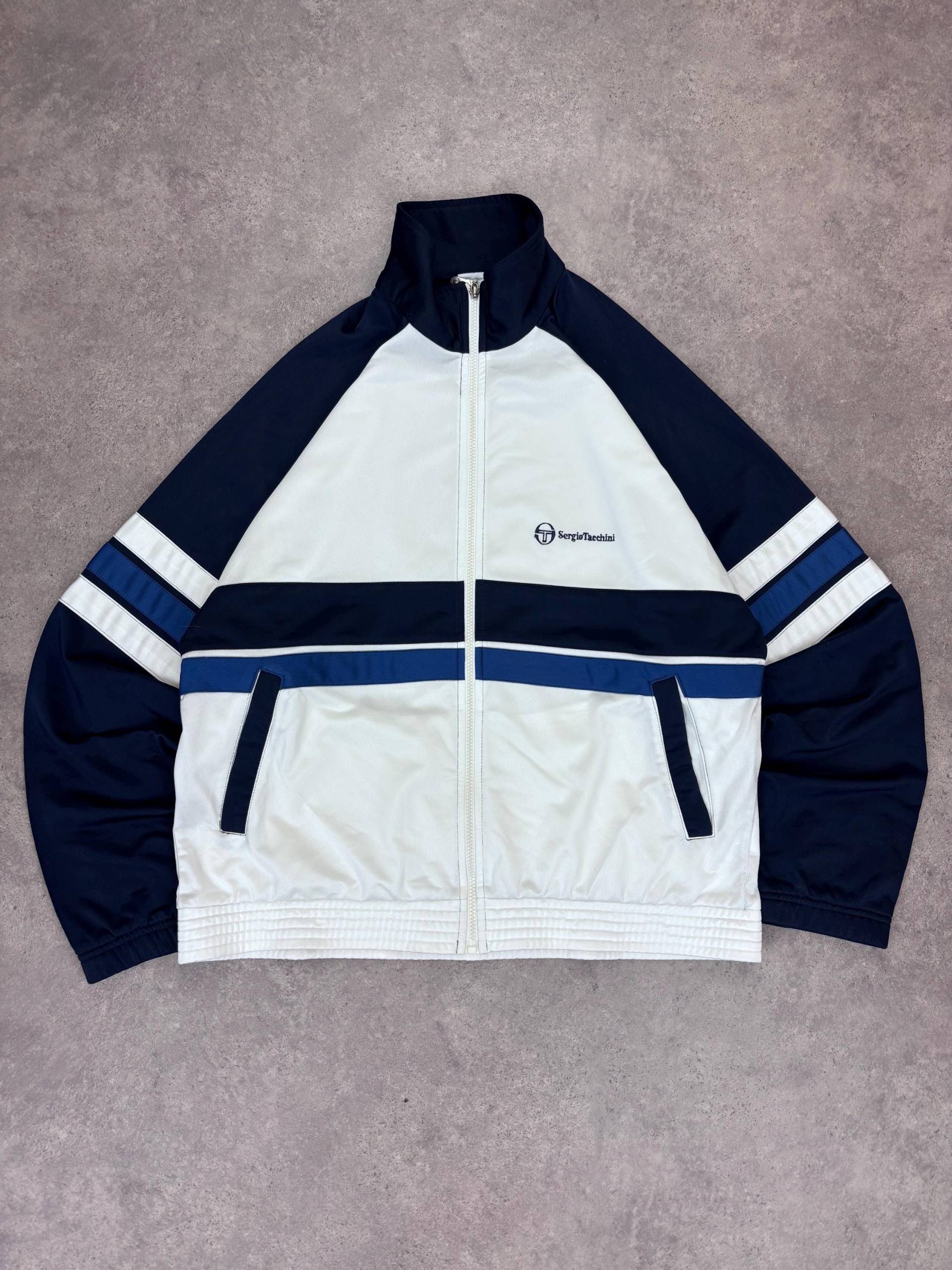 Vintage Sergio Tacchini Track Jacket Weiß Blau L | 90S Sports Y2K Streetwear Fashion Men's Jacket Size von RegardezVintage