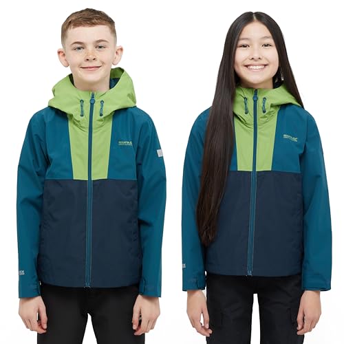 Regatta Hanleigh Jungen Jacke mit durchgehendem Reißverschluss, wasserdicht, atmungsaktiv, Piquant Green/Marokkanisches Blau, 134 von Regatta