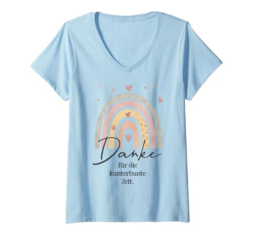 Damen Danke für die kunterbunte Zeit Regenbogen Herz Motiv T-Shirt mit V-Ausschnitt von Regenbogen Dankeschön für Abschied & Schule