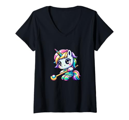 Damen Kawaii Hockey Einhorn 35 Regenbogen Feldhockey T-Shirt mit V-Ausschnitt von Regenbogen Einhorn Feldhockey Mädchen Fan