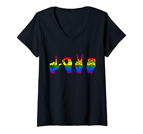 Damen LOVE in Zeichensprache Regenbogen Liebe LGBT Gay Pride T-Shirt mit V-Ausschnitt von Regenbogen Liebe in Zeichensprache