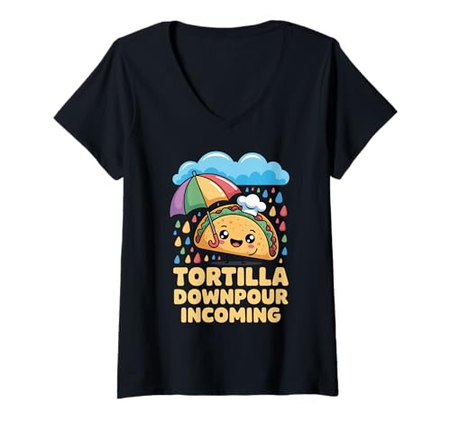 Damen Tortilla Downpour Incoming Regenbogen T-Shirt mit V-Ausschnitt Damen Tortilla Downpour Incoming Regenbogen T-Shirt mit V-Ausschnitt von Regenbogen Taco Humor Niedlich Kulinarisch