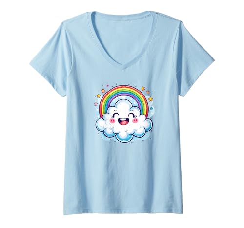 Damen Niedliche Regenbogen Wolken T-Shirt mit V-Ausschnitt von Regenbogen Wolke für Kinder