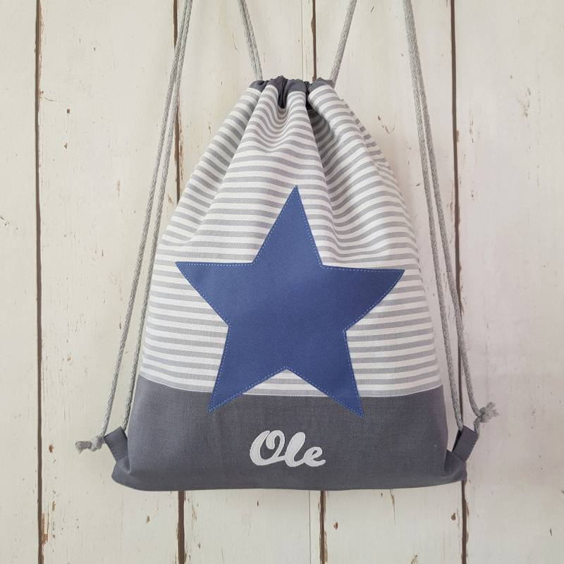 Kinderturnbeutel Grau-Blau, Turnbeutel, Sporttasche, Kindergartentasche Personalisierbar Mit Namen von RegenbogenDesign