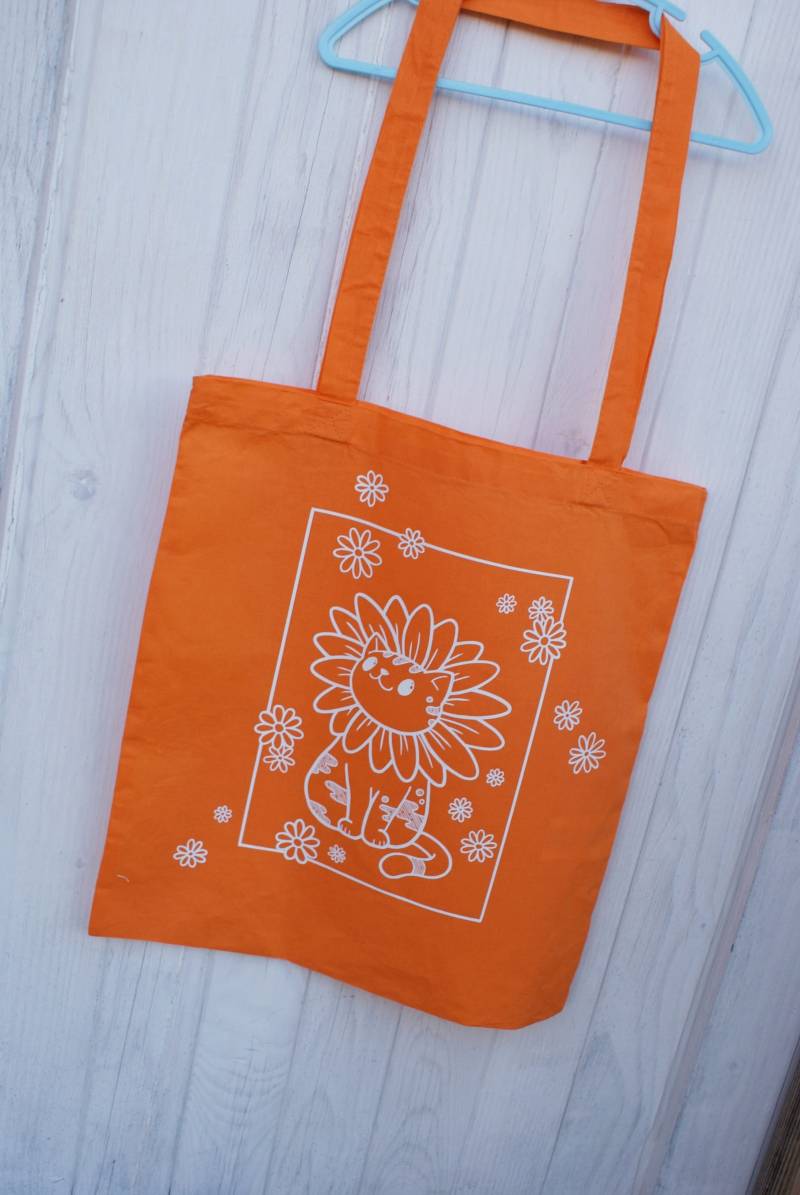 Tasche Blumenkatze Mit Extra Langen Henkeln Süße Katze Design Mandarine Weiß von RegenbogenxLaden