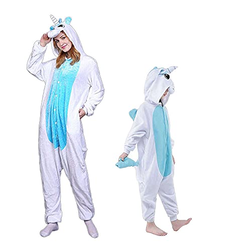 Regenboghorn Einhorn Kostüm Pyjama Pegasus Onesie Overall für Männer, Frauen, Kinder Halloween Party Onsie Overall Nachthemd Nachtwäsche Blau Einhorn S von Regenboghorn