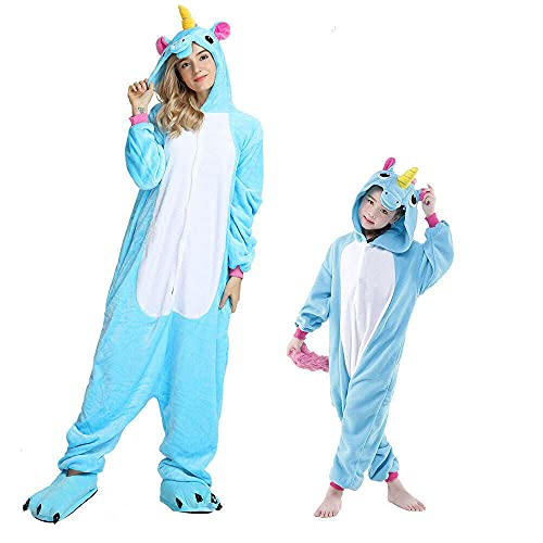 Regenboghorn Einhorn Kostüm Pyjama Pegasus Onesie Overall für Männer, Frauen, Kinder Halloween Party Onsie Overall Nachthemd Nachtwäsche Blau Pegasus XL von Regenboghorn