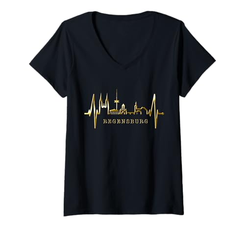 Damen Regensburg Skyline Herzschlag Fan Herz Liebe Love Regensburg T-Shirt mit V-Ausschnitt Damen Regensburg Skyline Herzschlag Fan Herz Liebe Love Regensburg T-Shirt mit V-Ausschnitt von Regensburger Skylines für echte Regensburg Fans