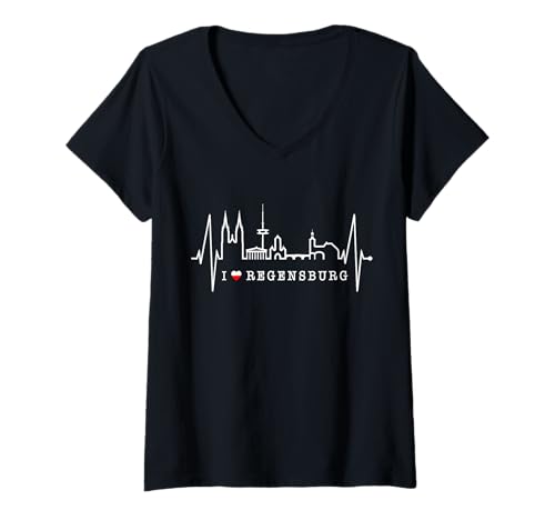 Damen Regensburg Skyline Herzschlag Fan Herz Liebe Love Regensburg T-Shirt mit V-Ausschnitt von Regensburger Skylines für echte Regensburg Fans