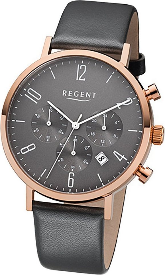 Regent Chronograph Regent Leder Herren Uhr F-1038 Quarzuhr, Herrenuhr Lederarmband anthrazit, rundes Gehäuse, groß (ca. 42mm) von Regent