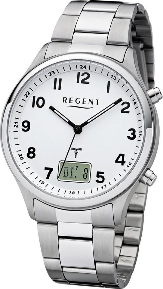 Regent Funkuhr Regent Metall Herren Uhr BA-444, Herrenuhr Metallarmband silber, rundes Gehäuse, groß (ca. 40mm) von Regent