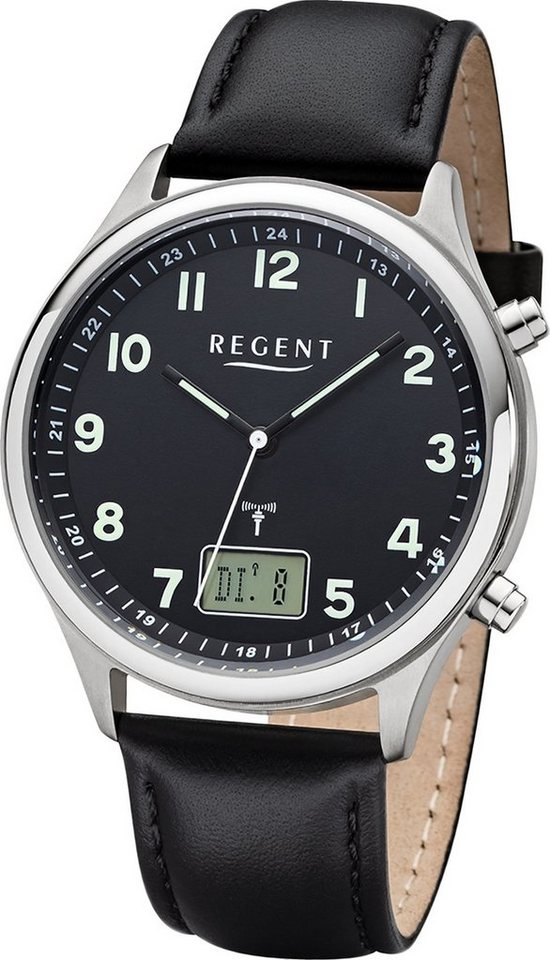 Regent Funkuhr Regent Leder Herren Uhr BA-447, Herrenuhr Lederarmband schwarz, rundes Gehäuse, groß (ca. 40mm) von Regent