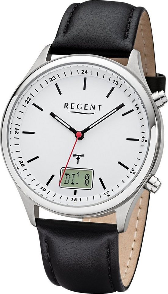 Regent Funkuhr Regent Analog-Digital Herren Uhr BA-449, Herrenuhr Lederarmband schwarz, rundes Gehäuse, groß (ca. 40mm) von Regent